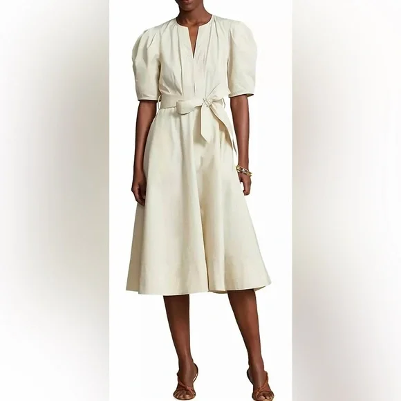 Polo Ralph Lauren Puff Sleeve Belted Midi Dress Fit Flare Cotton Poplin Beige 4 - Picture 4 of 10